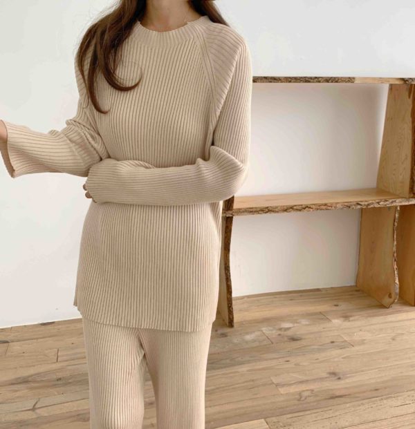 Creamy Elegant Ribbed Knit 2 Piece Set