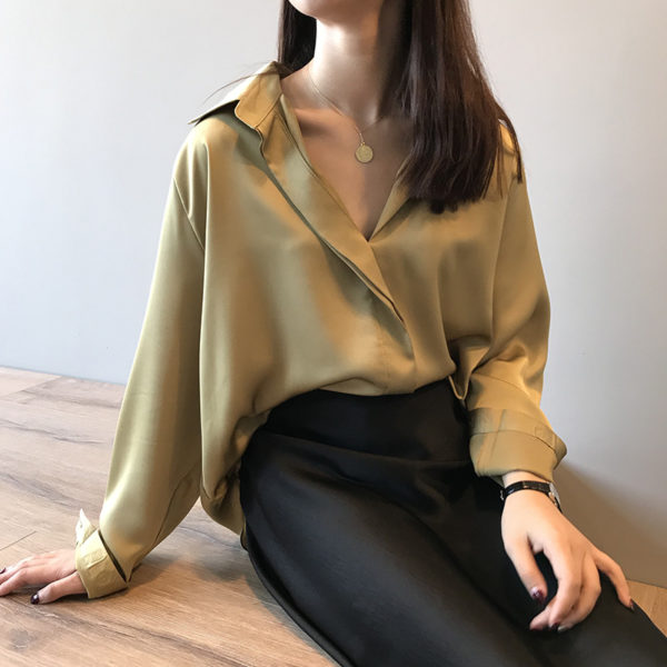 Solid Long Sleeves Satin Blouse