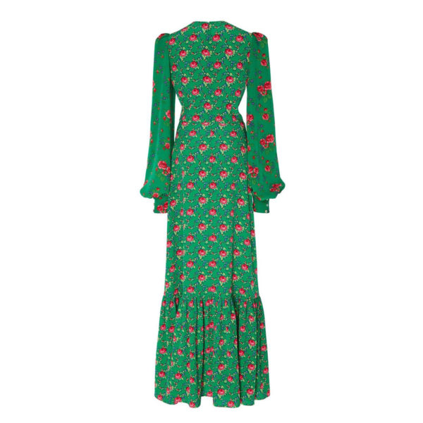 Floral Print Lantern Sleeve Green Maxi Dress – after MODA