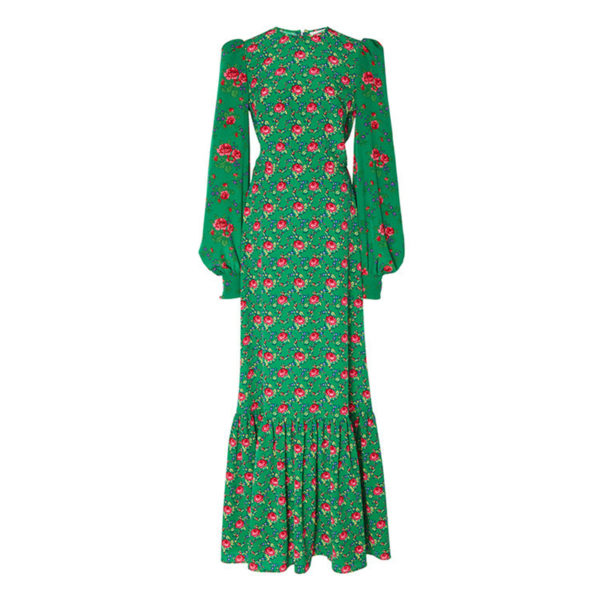 Floral Print Lantern Sleeve Green Maxi Dress_main