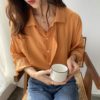 Spring Button Up Loose Long Sleeve Blouse_7_Orange