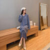 Elegant V-neck Loose Sweater Dress with Ruffles_2