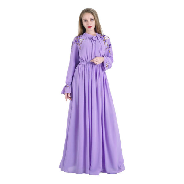 Modest Lavender Floral Embroidery Long Sleeve Gown 9