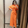 Orange Pleated Short Sleeve Midi Dress_12