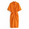 Orange Pleated Short Sleeve Midi Dress_1_Featured