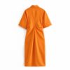 Orange Pleated Short Sleeve Midi Dress_2
