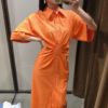 Orange Gathered Half Sleeve Midi Dress