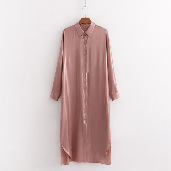 Pink Satin Long Sleeve Midi Shirt Dress 6 Featured