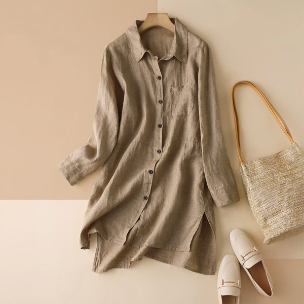 Long Sleeve Linen Blouse_3_Khaki_Main