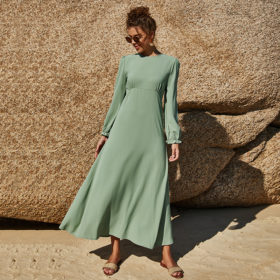 Long Sleeve Solid Ankle-Length Dress_4_Main_Green