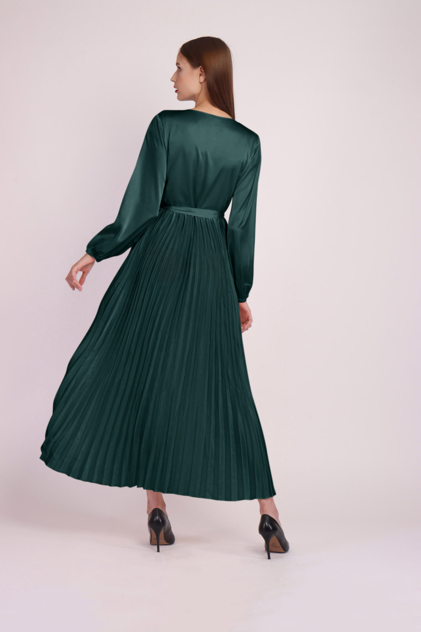 Long Sleeve Pleated Satin Maxi Dress after MODA