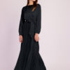 Long Sleeve Pleated Satin Maxi Dress-Black