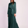 Long Sleeve Pleated Satin Maxi Dress-Dark Green