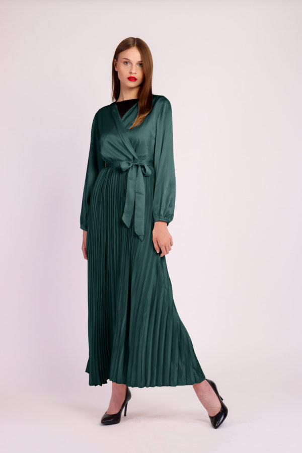 Long Sleeve Pleated Satin Maxi Dress-Dark Green