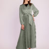 Long Sleeve Pleated Satin Maxi Dress-Gray Green