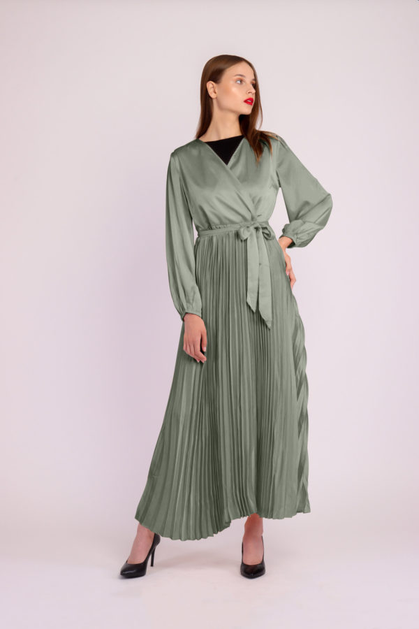 Long Sleeve Pleated Satin Maxi Dress ...