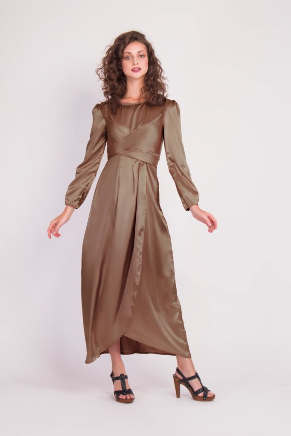 Satin Wrap Maxi Dress With Puff Sleeves-34