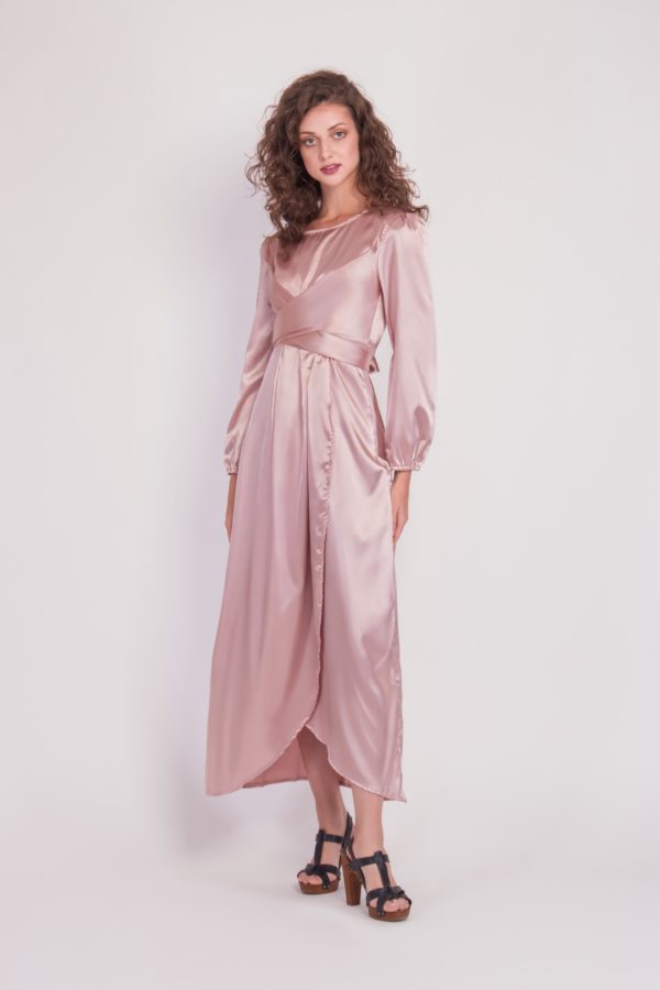 Satin Wrap Maxi Dress with Puff Sleeves 