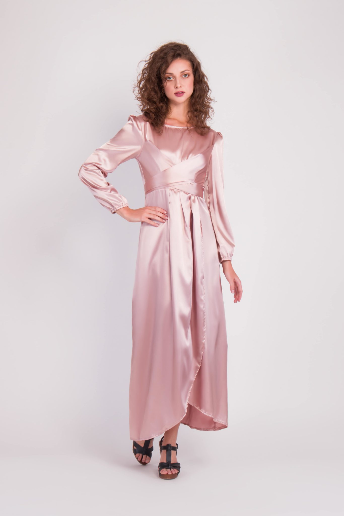Satin Wrap Maxi Dress with Puff Sleeves | After Moda