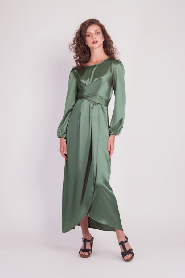 Satin Wrap Maxi Dress with Puff Sleeves ...