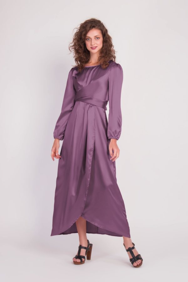Satin Wrap Maxi Dress With Puff Sleeves - purple