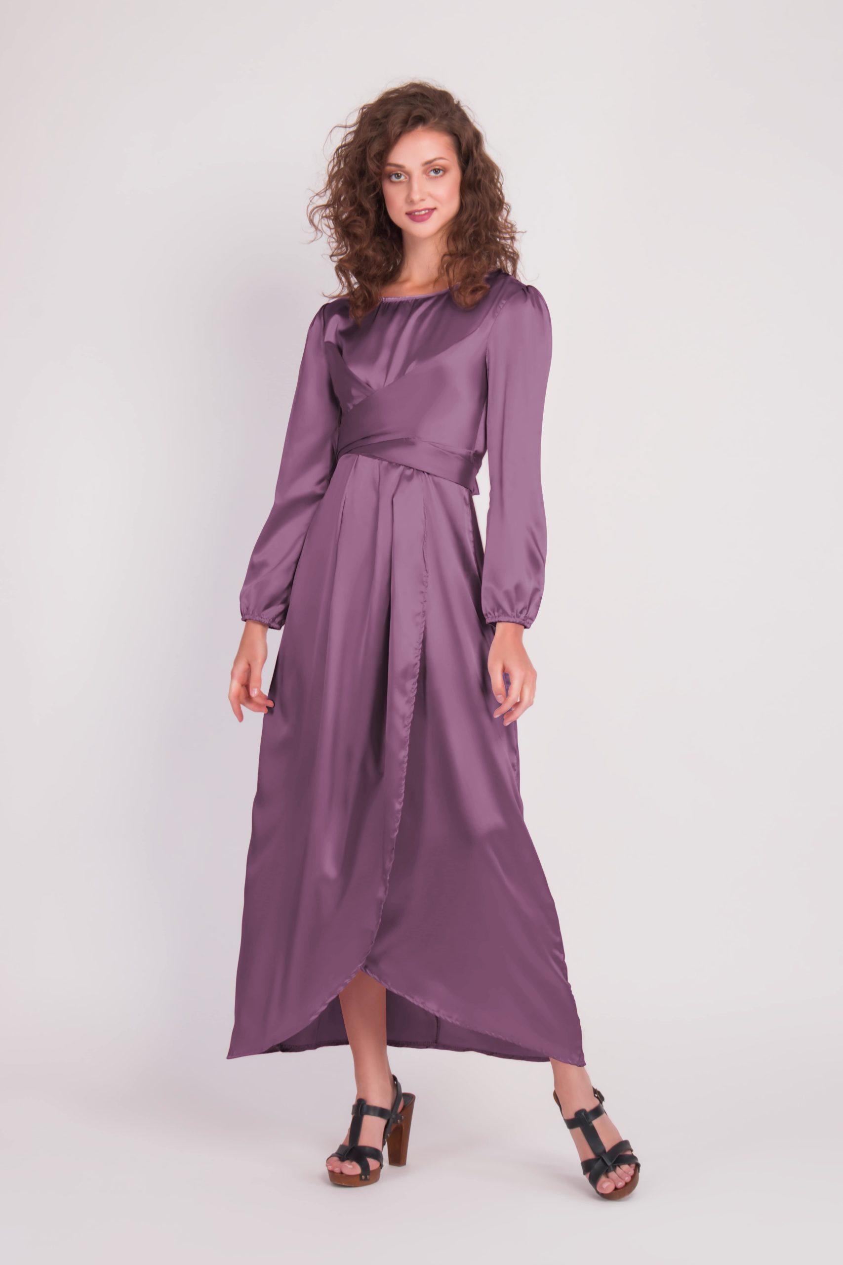 Satin Wrap Maxi Dress with Puff Sleeves ...