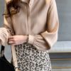 Elegant Gathered Sleeve Blouse_Khaki