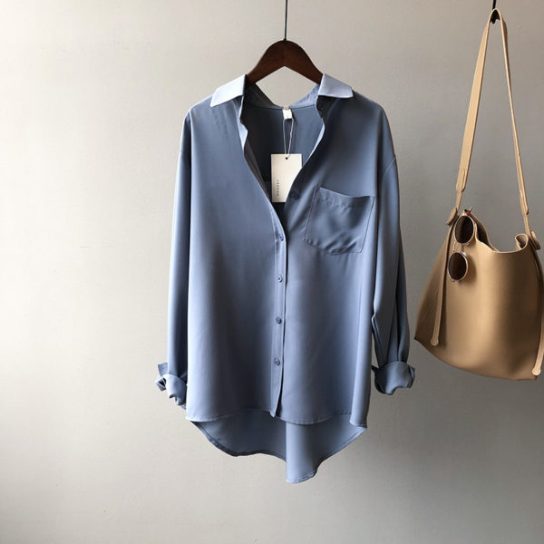 Flowy Pocket Front Blouse_Gray Blue