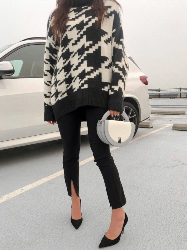 Houndstooth Print Knitted Sweater_1