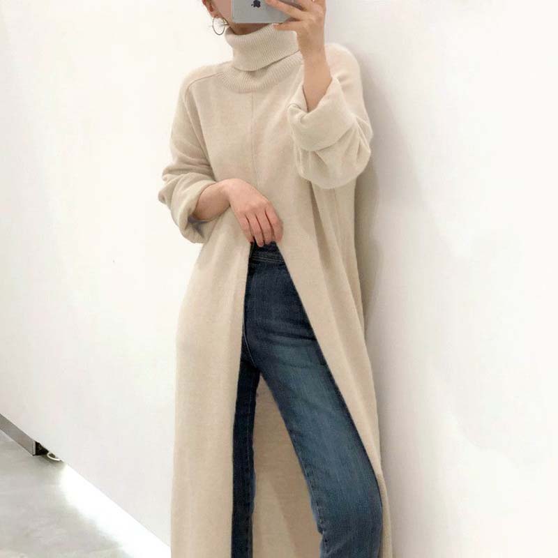 Knitted High Neck Long Sweater with Slit – after MODA