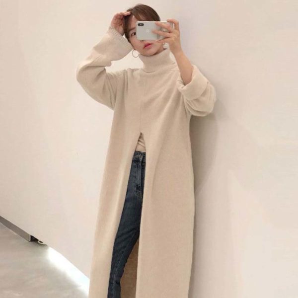 Knitted High Neck Long Sweater with Slit – after MODA