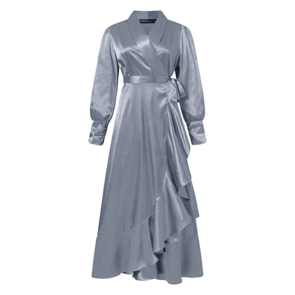 Draped Ruffle Trim Wrap Dress Gray Blue