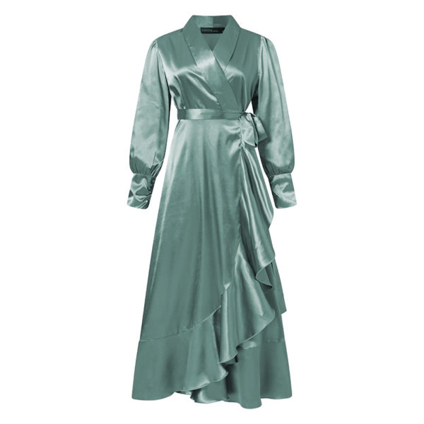 Draped Ruffle Trim Wrap Dress_Teal