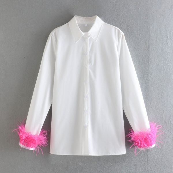 Feather Trim Button-Up Blouse