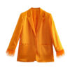 Feather-trim Orange Long Sleeve Blazer and Pants Set - Image 15