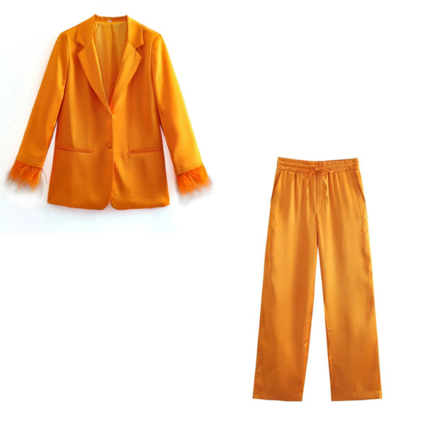 Feather trim Orange Long Sleeve Blazer and Pants Set 18