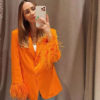 Feather-trim Orange Long Sleeve Blazer and Pants Set - Image 3