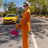 Feather-trim Orange Long Sleeve Blazer and Pants Set - Image 4