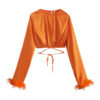 Orange Burst Feather-trim Crop Top and Pants Set_8