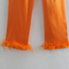 Orange Burst Feather-trim Crop Top and Pants Set