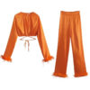Orange Burst Feather-trim Crop Top and Pants Set_featured