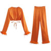 Orange Burst Feather-trim Crop Top and Pants Set_featured