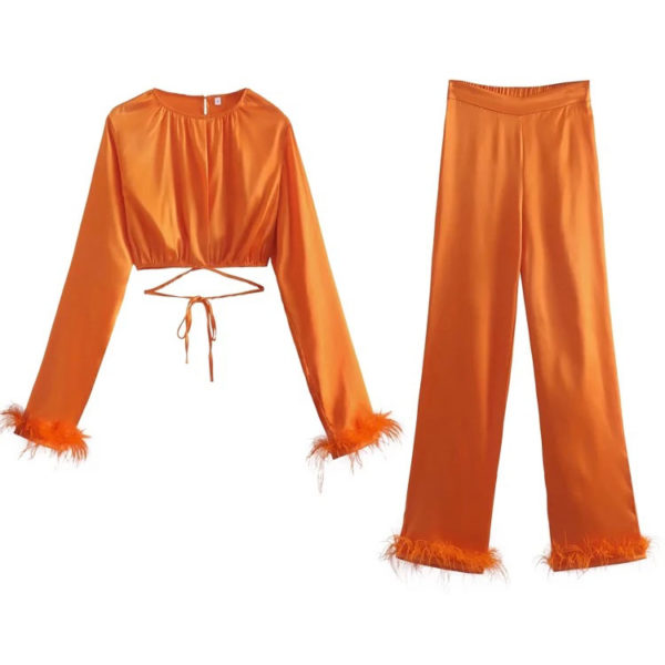 Orange Burst Feather trim Crop Top and Pants Set featured