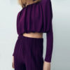 Purple Long Sleeves Crop Top and Pleated Pants Set_5